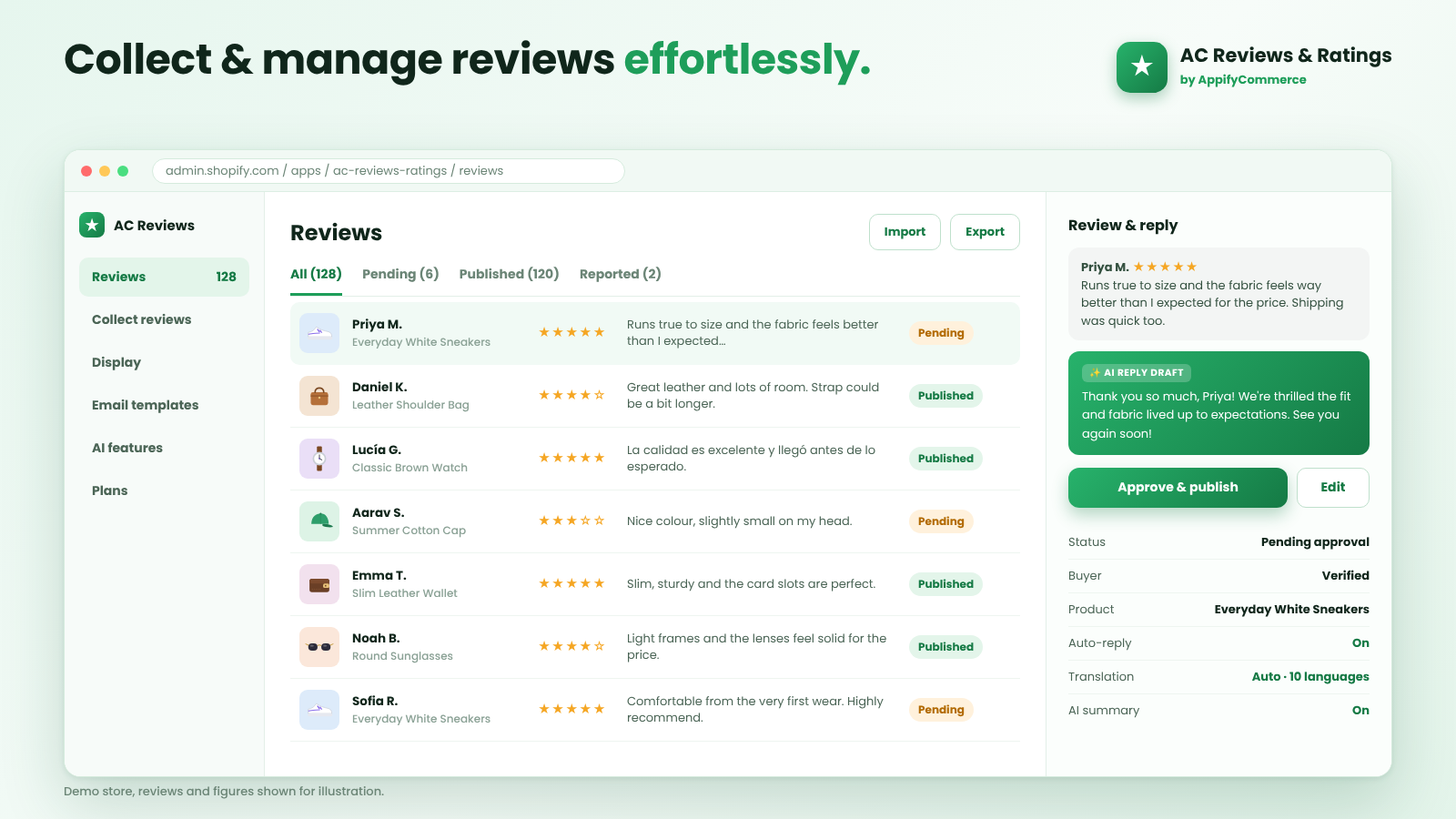 AC ‑ Reviews & Ratings dashboard for collecting and managing reviews with AI reply support