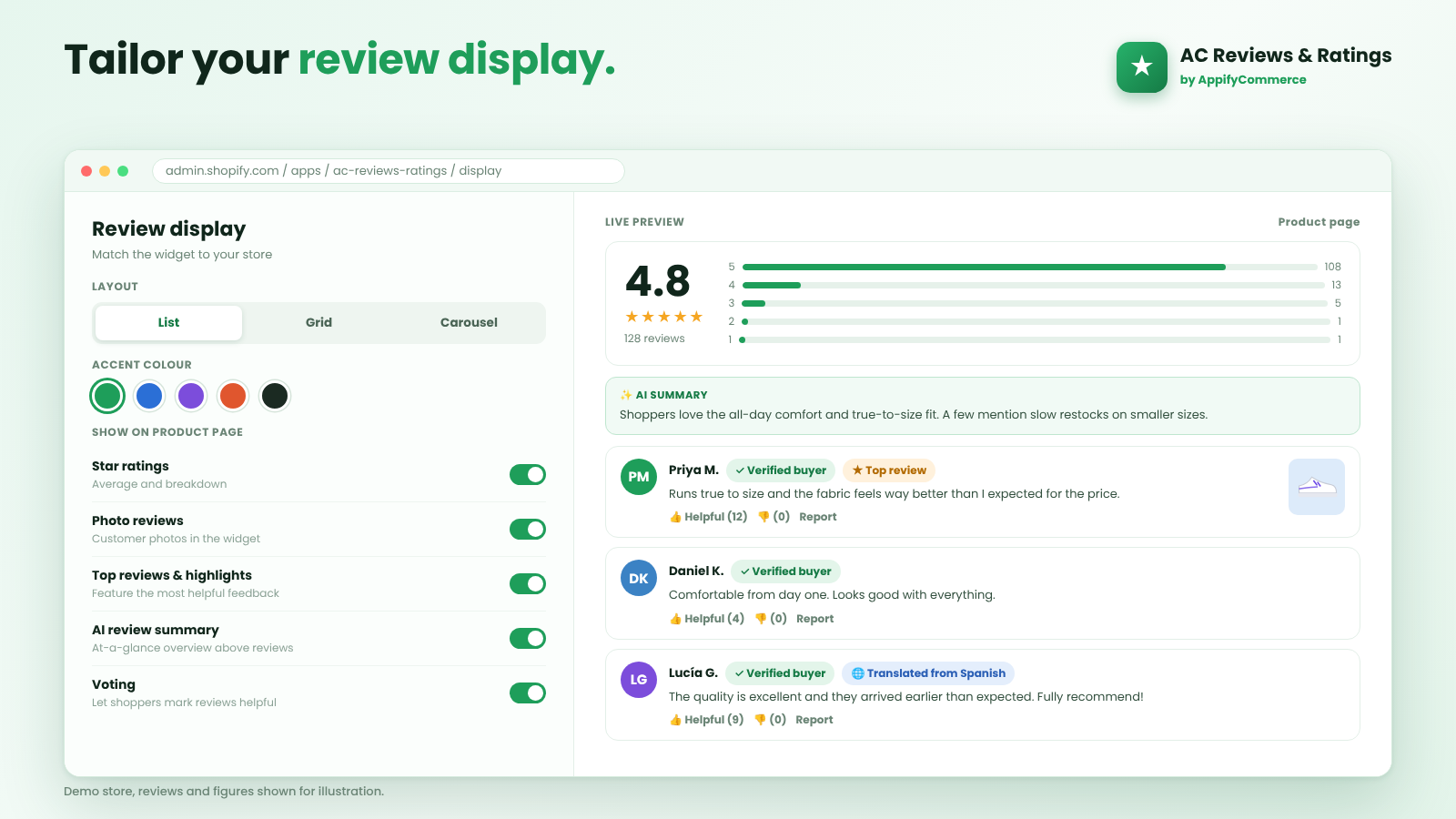 AC ‑ Reviews & Ratings display settings with a live preview of ratings, AI summary and translated reviews