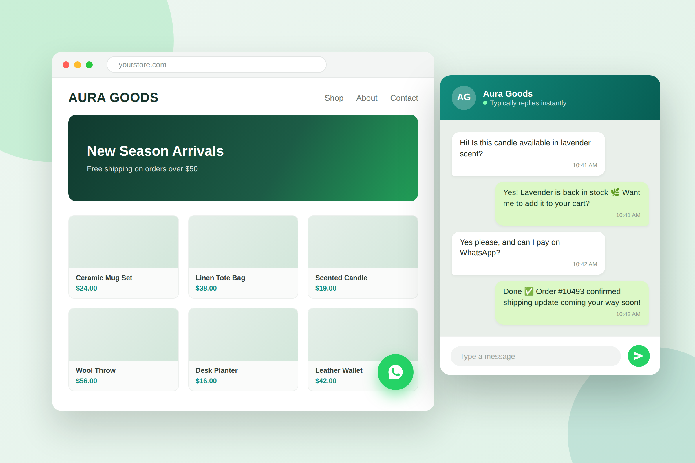 Bizify ‑ WhatsApp chat widget on a Shopify storefront