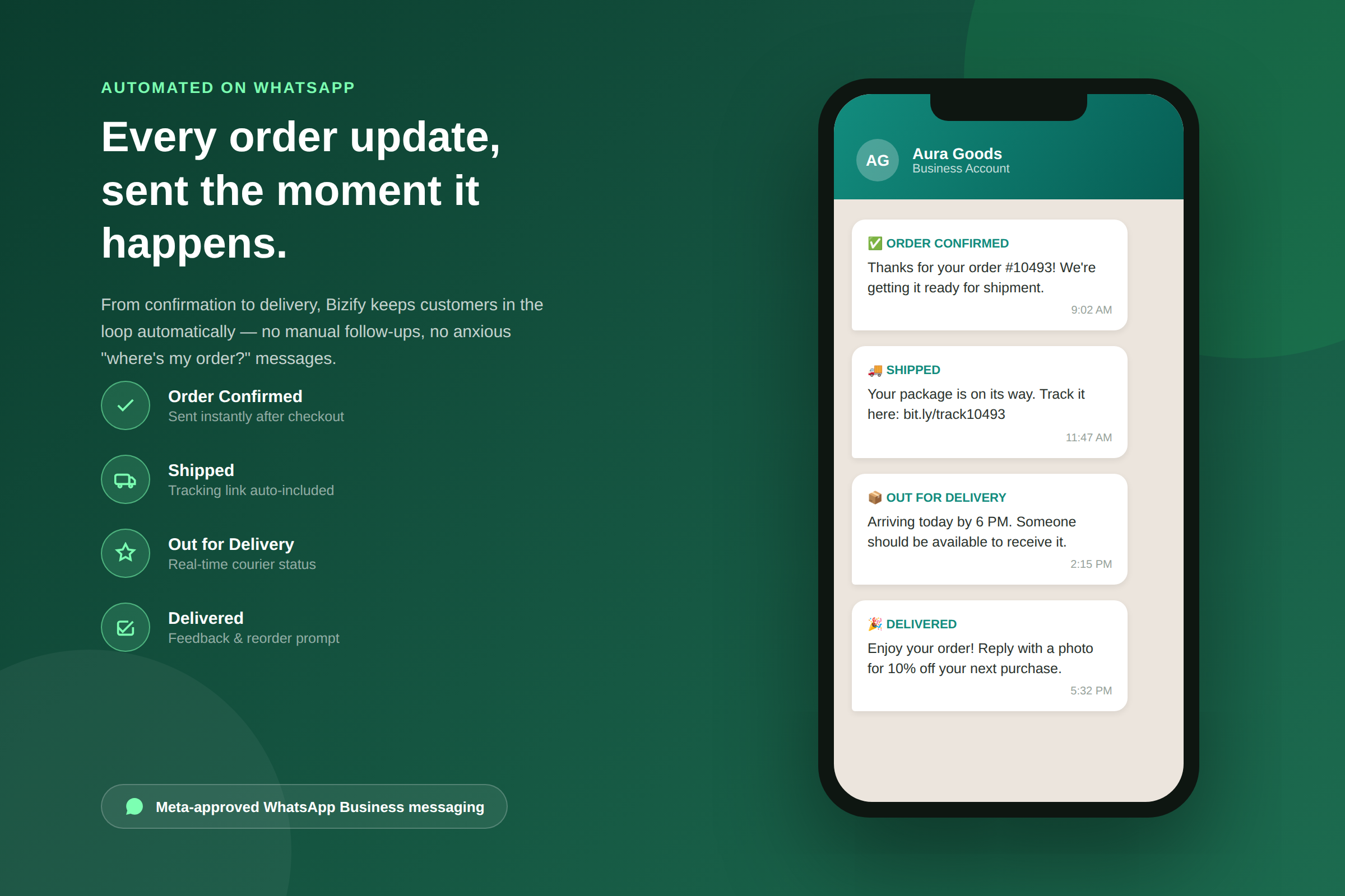 Automated WhatsApp order updates from checkout to delivery