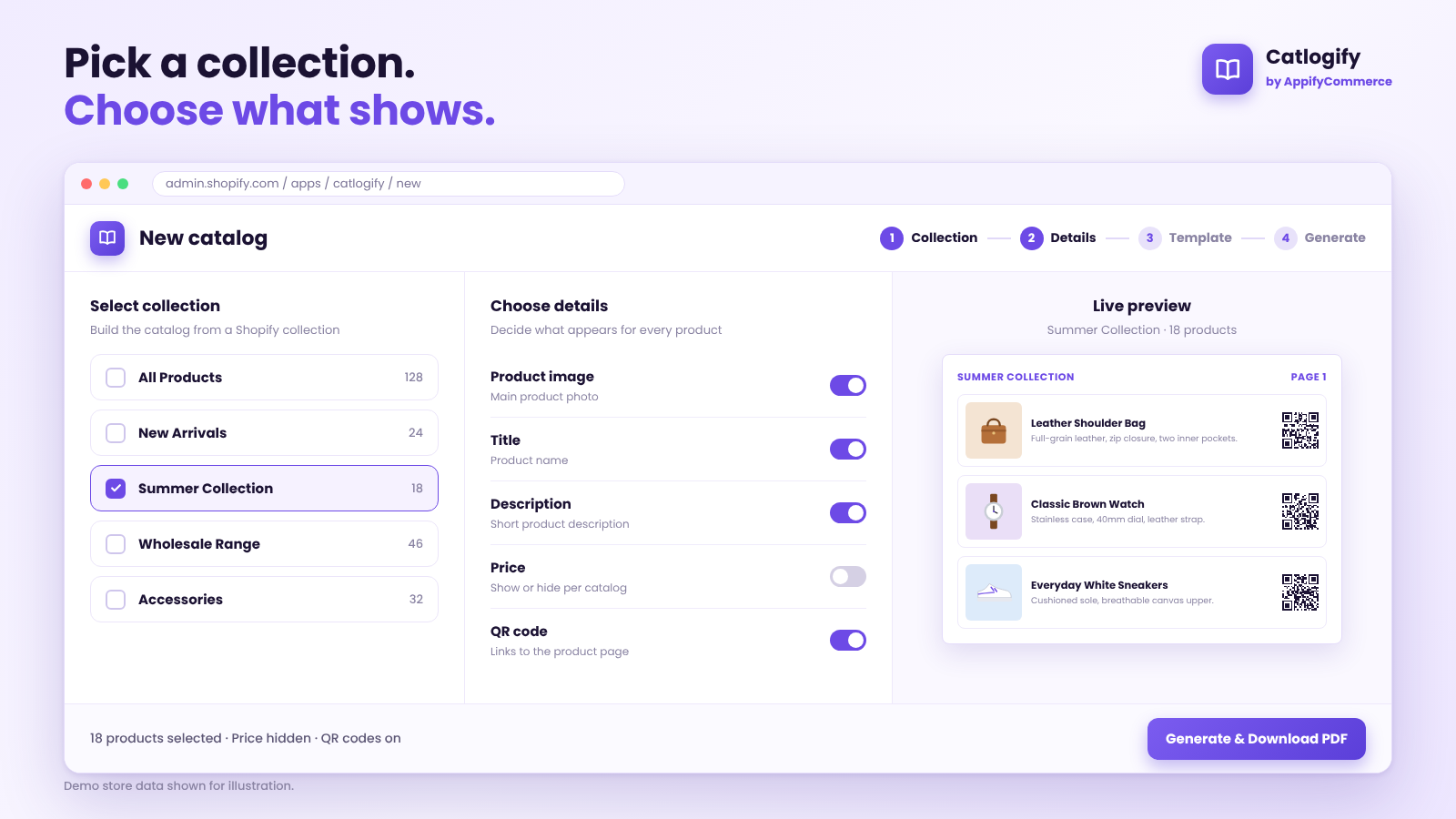 Catlogify: select a collection and choose which details appear in the catalog