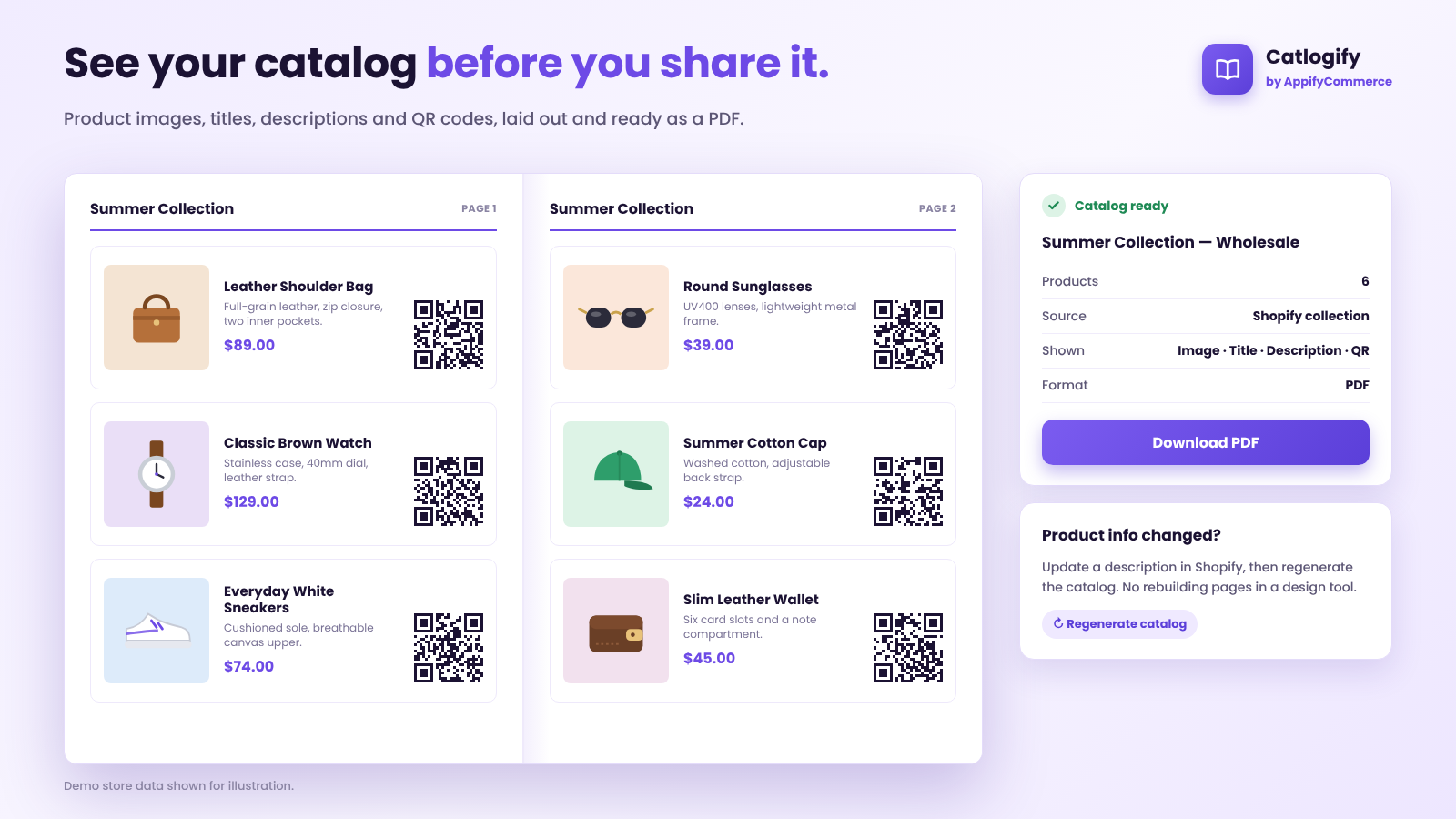 A generated catalog preview with product images, titles, descriptions and QR codes
