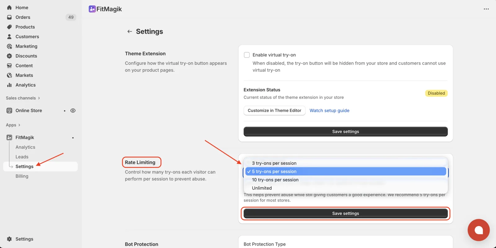 FitMagik rate limiting settings