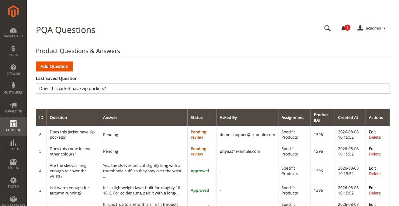 The PQA moderation queue in the Magento admin