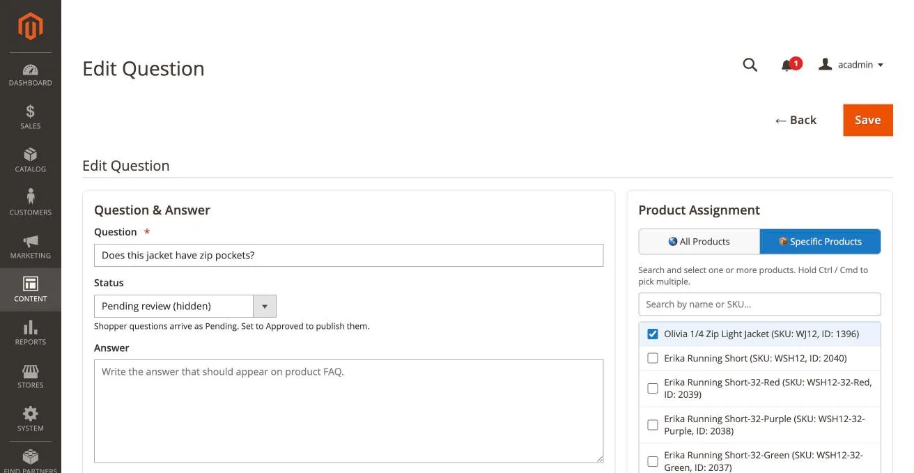 Editing a question, with the Status control set to Pending review